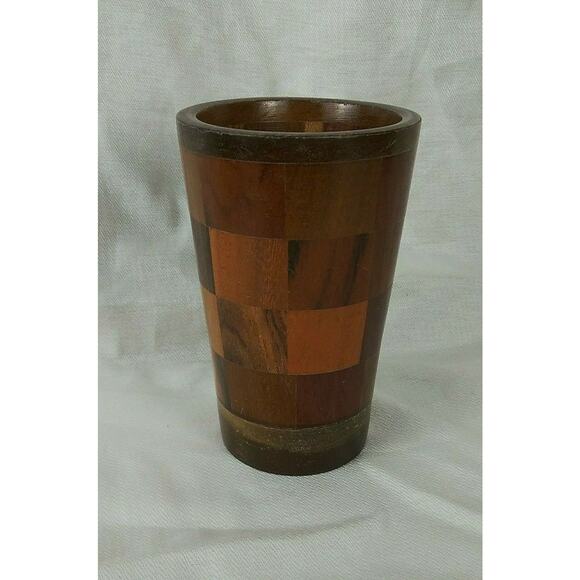Handmade Wood Checkerboard Pattern Drinking Cup - Picture 2 of 6